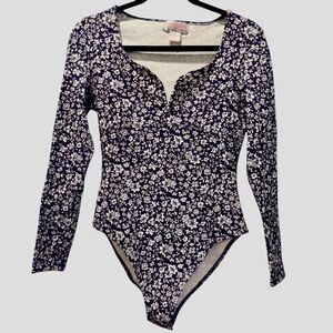 Vintage Y2K Bodywear bi Energie Purple Floral Long Sleeve Bodysuit Size Large